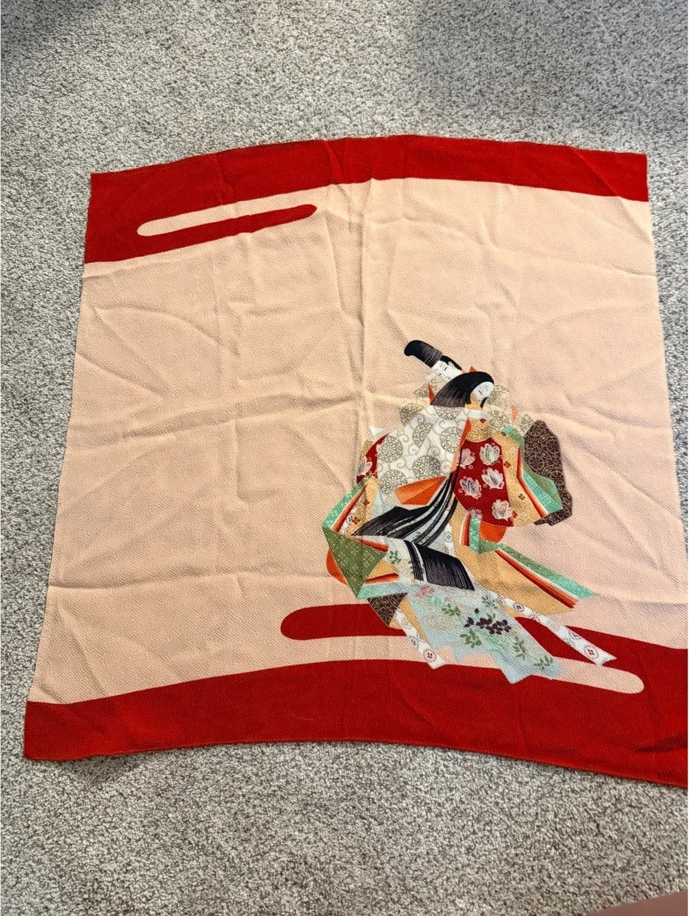 Vintage Japanese Chirimen Furoshiki Scarf 26” Kimono Court Figures Crepe Japan